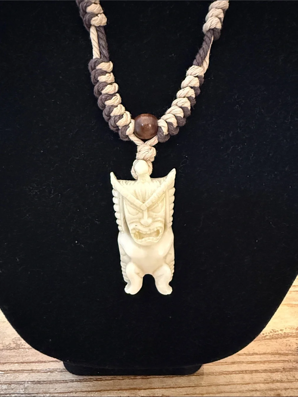 Vintage Brown Rope Cream Carved Tiki Tribal Pendant Statement Necklace